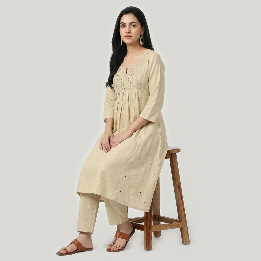 Women's Beige Cotton Embellished Ethnic Set, Beige, large