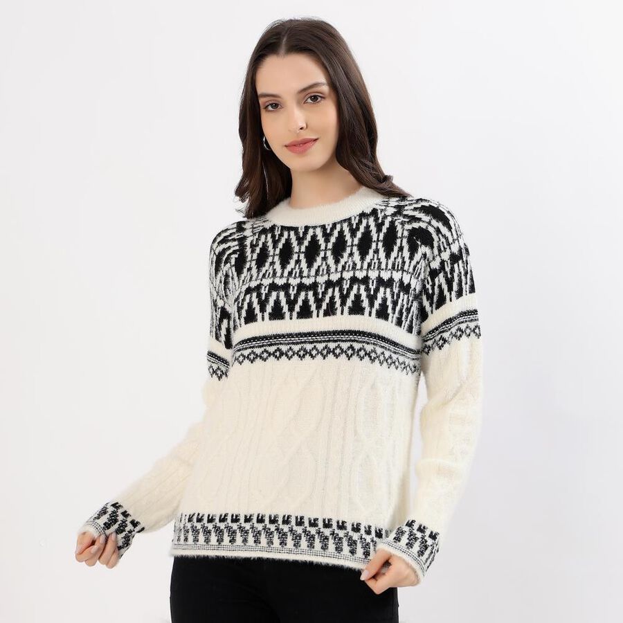 Women's Off-White Crew Neck Casual Cardigan, ऑफ व्हाइट, large image number null