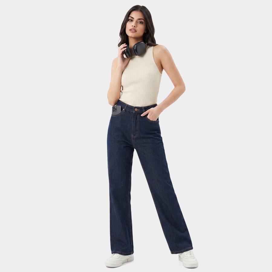 Women's Navy Blue Straight Fit Washed Jeans, गहरा नीला, large