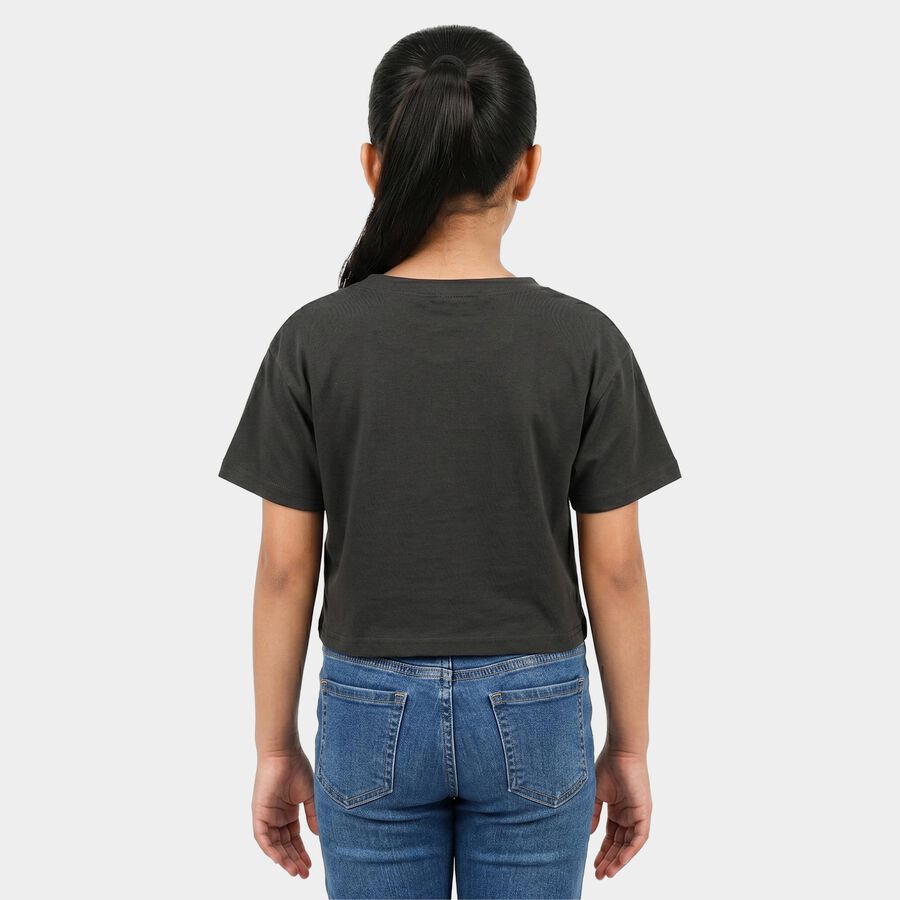 Girls Black Round Neck Crop T-Shirt, चारकोल, large