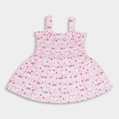 Infants' Light Pink Unicorn Print Smocked Cotton Frock