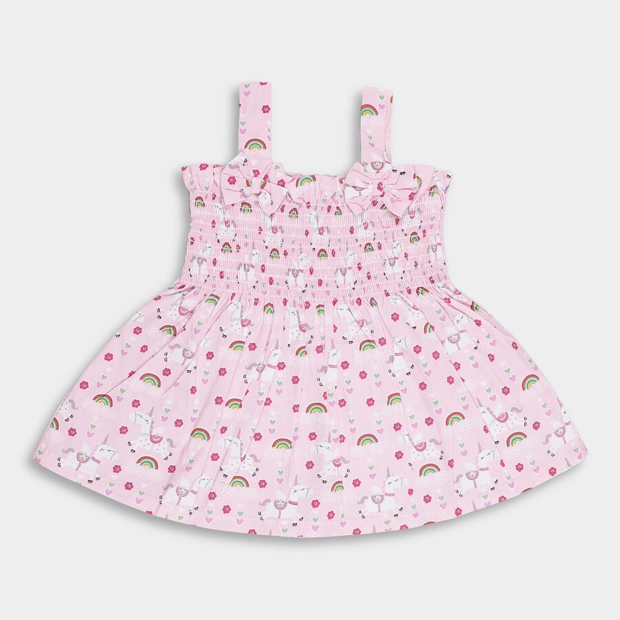 Infants' Light Pink Unicorn Print Smocked Cotton Frock, लाइलेक, large image number null