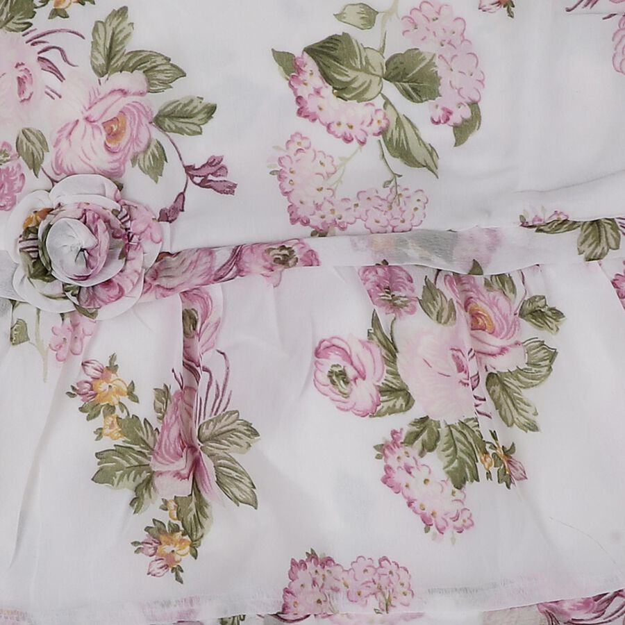 Girls White Round Neck Floral Layered Dress, सफ़ेद, large