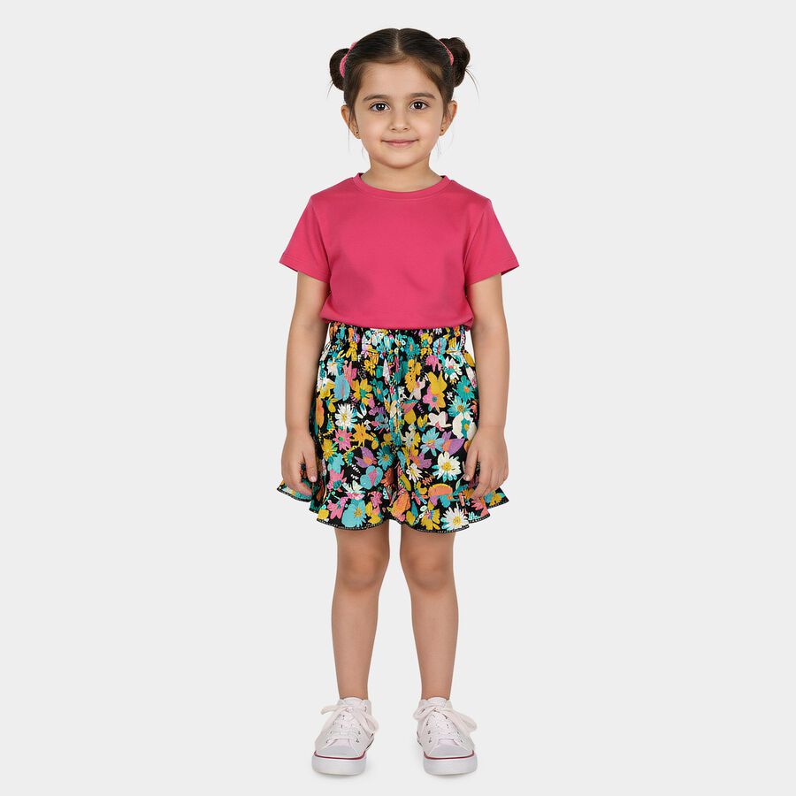 Girls' Black Regular Fit Floral Printed Shorts, काला, large