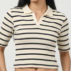 Women's Navy Blue Polo Neck Striped Crop Top, नेवी ब्लू, small