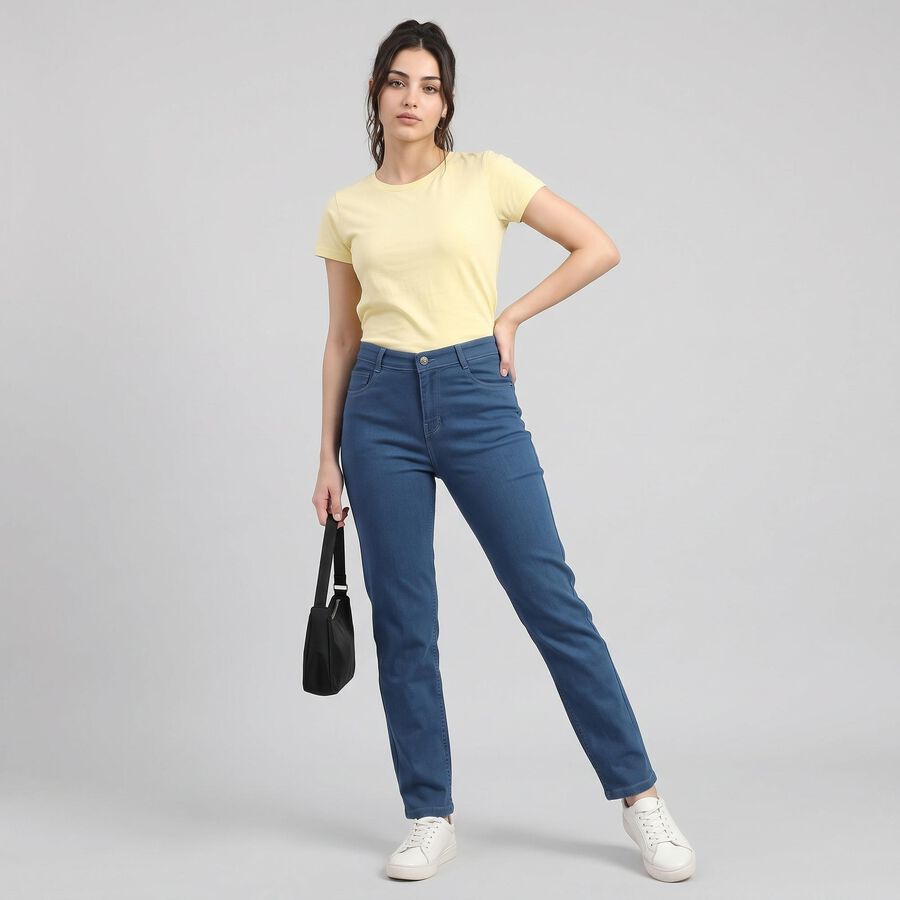 Women's Blue Straight Fit Classic Jeans, Mid Blue, large