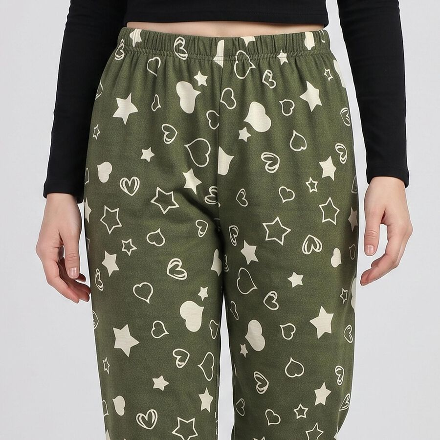 Women's Olive Green Straight Fit Heart and Star Printed Pyjama, Olive, large