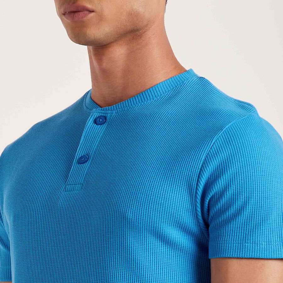 Cotton Solid Henley T-Shirt, Mid Blue, large image number null