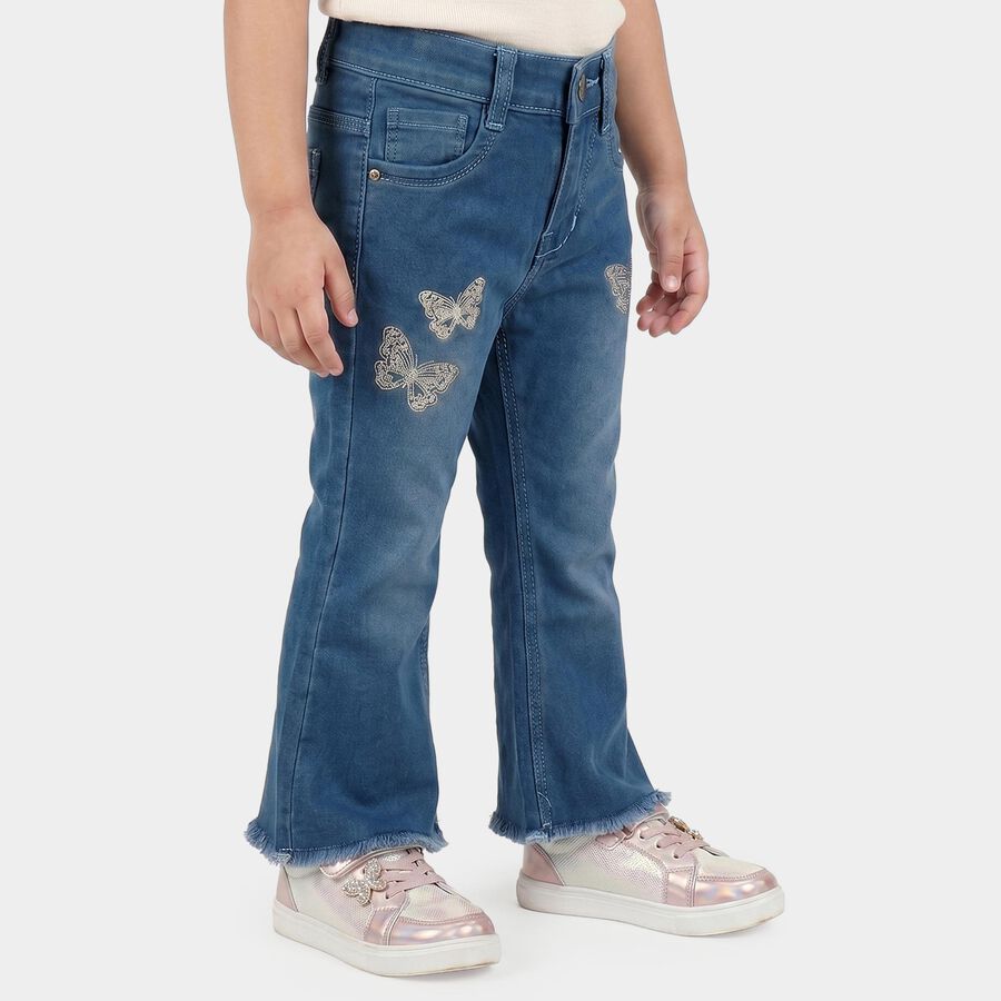 Girls Blue Flared Fit Butterfly Embroidered Jeans, Mid Blue, large