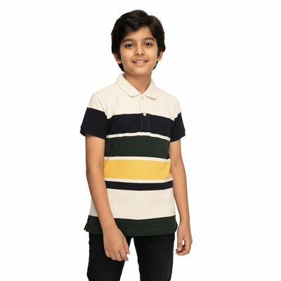 Boys Mustard Yellow and Forest Green Polo Neck Casual T-Shirt