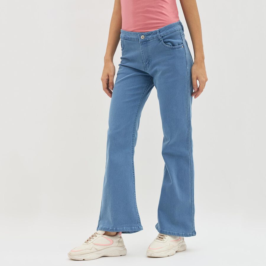 Women's Light Blue Flared Fit High-Rise Jeans, मध्यम नीला, large image number null