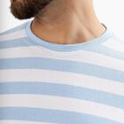Men's Light Blue and White Round Neck Striped T-Shirt, Sky Blue, small