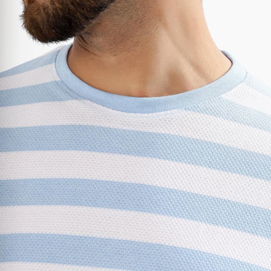 Men's Light Blue and White Round Neck Striped T-Shirt, Sky Blue, large