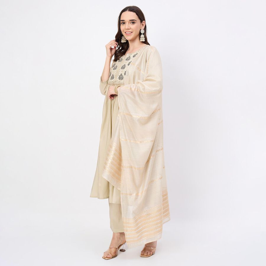 Women's Soft Creamy Beige Embroidered Ethnic Set, Beige, large