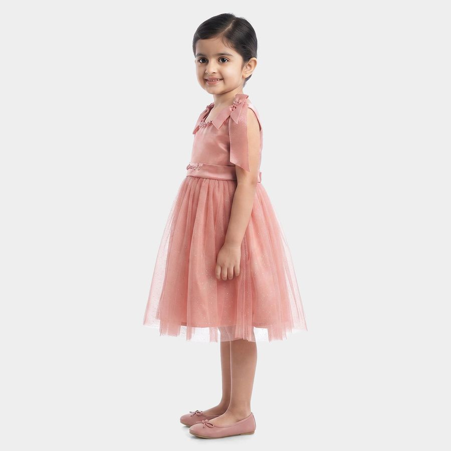 Girls' Pink Fit and Flare Bow Detail Party Wear Frock, Light Pink, large
