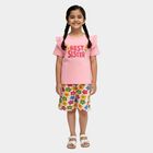 Girls' Pink Cotton Crew Neck Printed Top and Shorts Set, हल्का गुलाबी, small