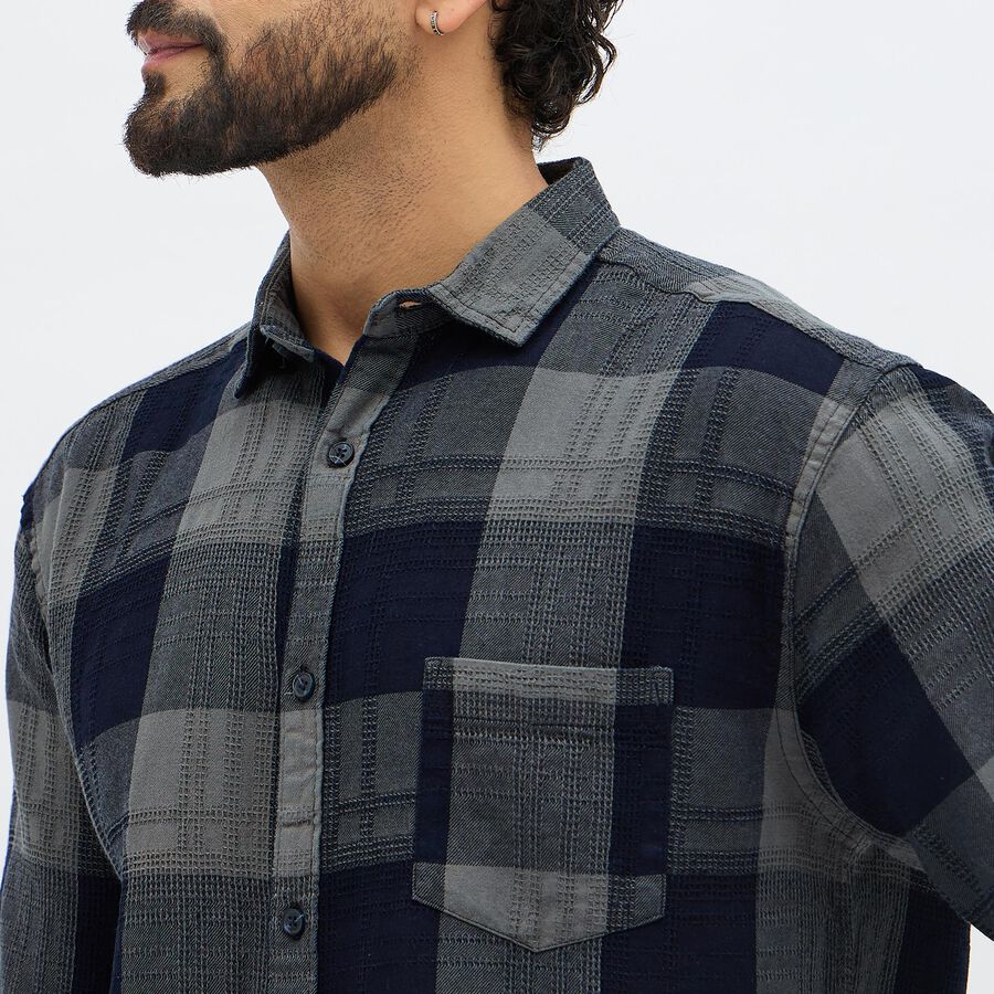 Men's Navy Blue and Grey Cotton Spread Collar Casual Shirt, नेवी ब्लू, large image number null