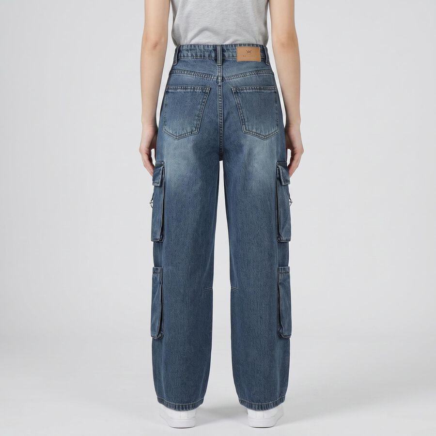 Women's Blue Cargo Fit Utility Jeans, मध्यम नीला, large