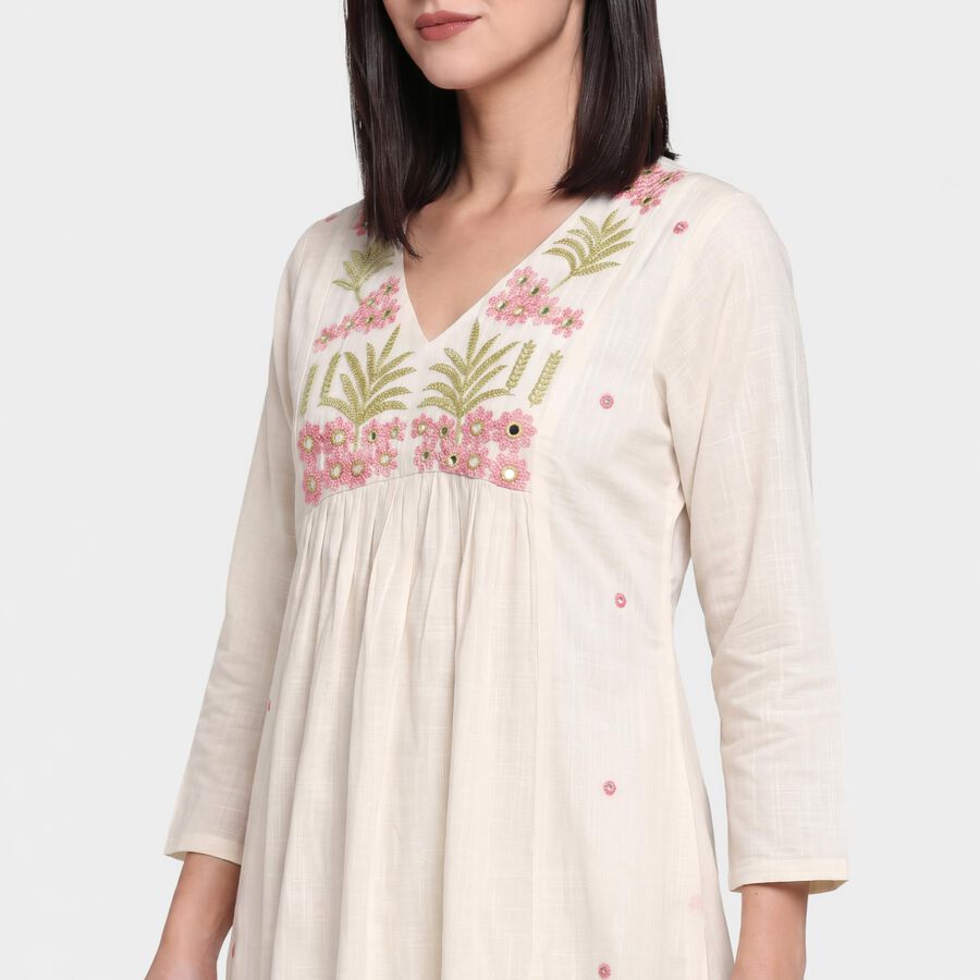 Women's Off White Cotton V-Neck EmbroideOff White Kurta, Off White, large