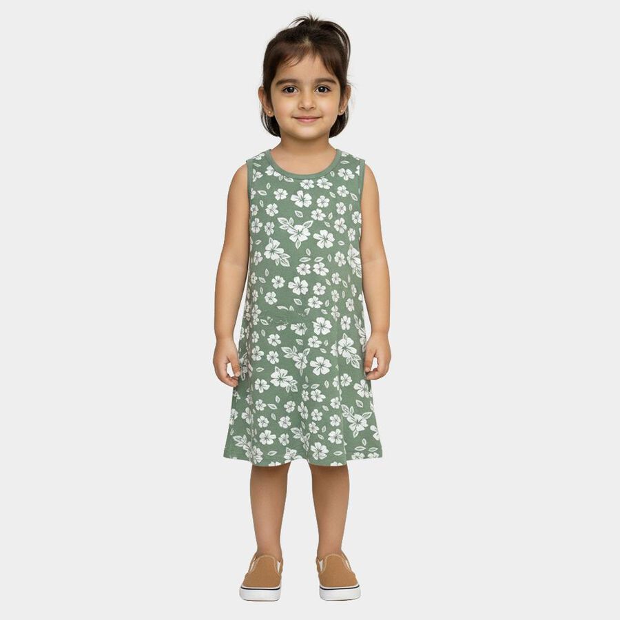 Girls' Muted Sage Green Floral Sleeveless A-Line Frock, Light Green, large image number null