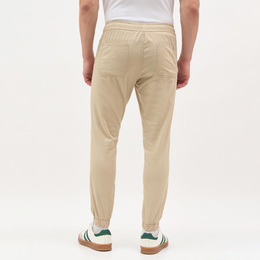 Men's Beige Slim Fit Elastic Waist Jogger Trousers, Beige, large