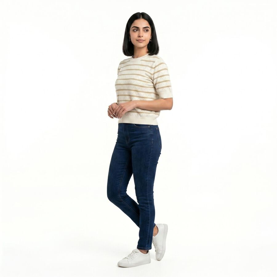 Women's Beige Cotton Round Neck Regular Top, Beige, large