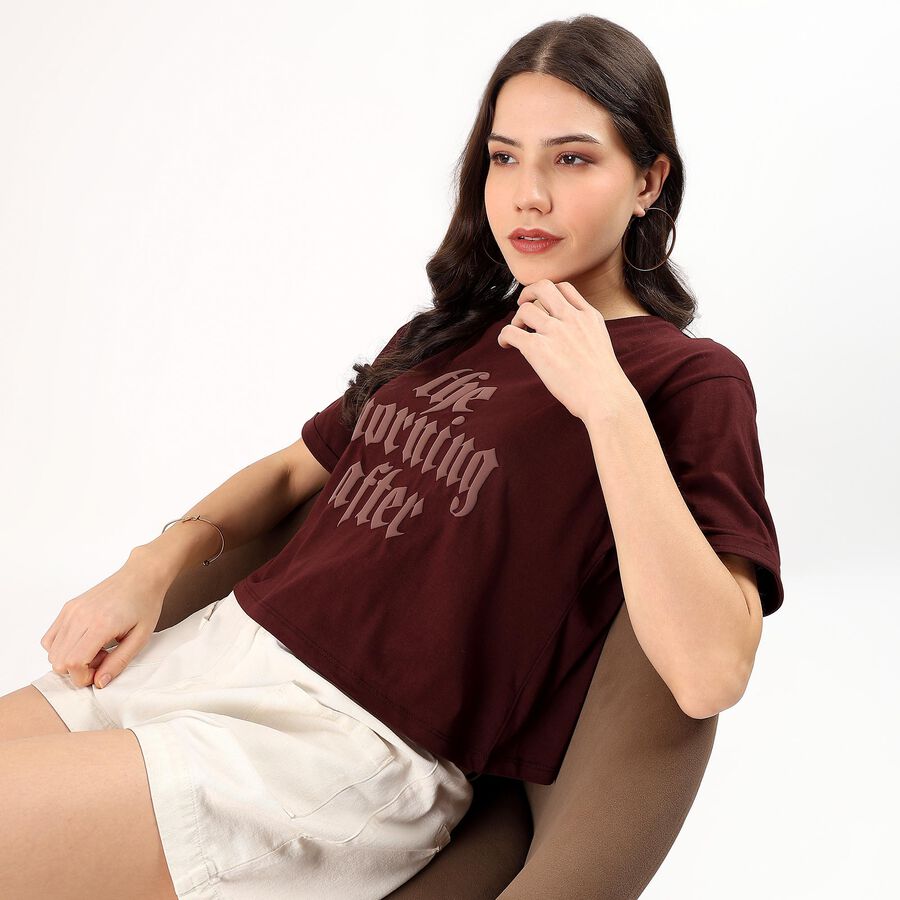 Women's Deep Maroon Cotton Round Neck Casual T-Shirt, भूरा, large