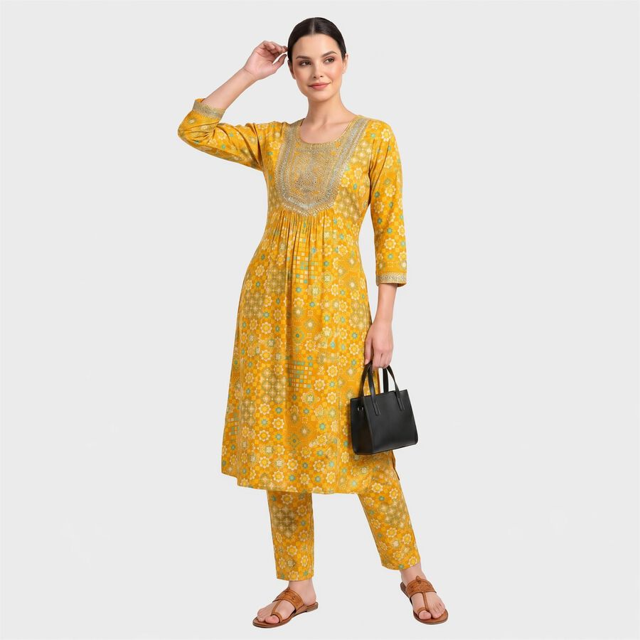 Women's Mustard Embroidered Ethnic Set, Mustard, large