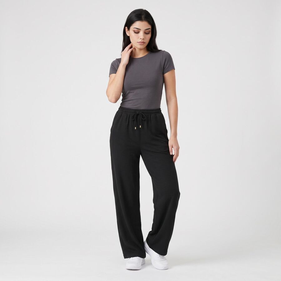 Women's Black Wide Leg Drawstring Track Pants, Black, large
