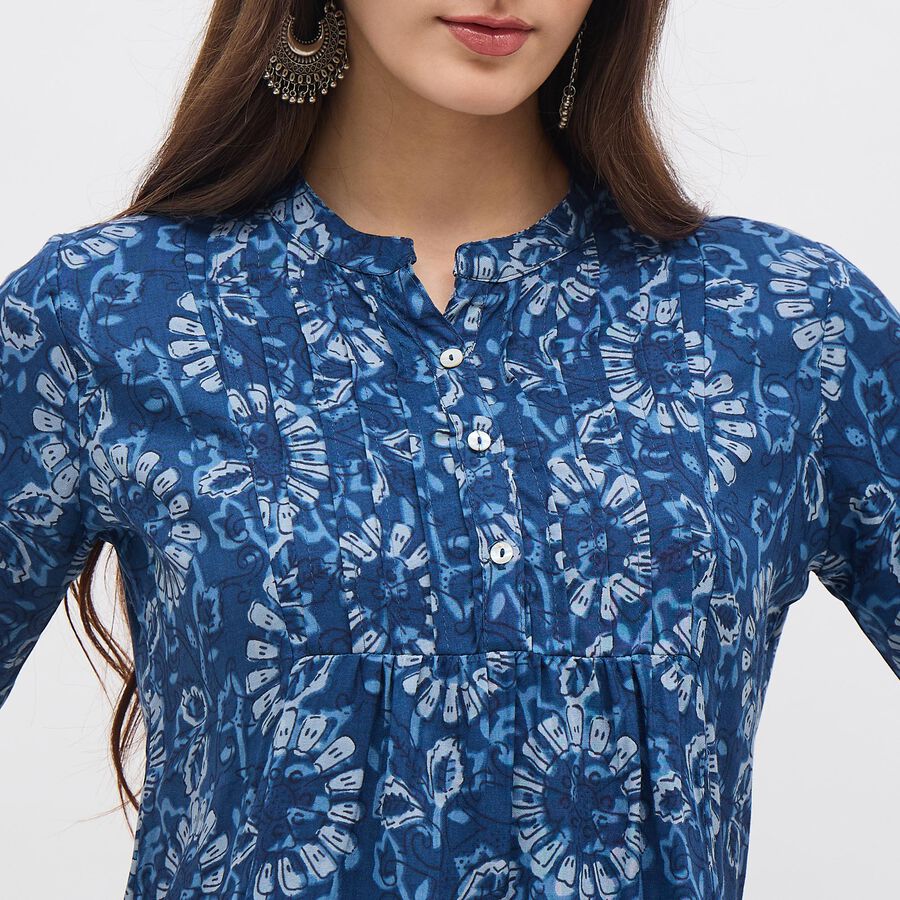 Women's Dark Denim Blue Mandarin Collar Floral Printed Kurti, गहरा नीला, large image number null