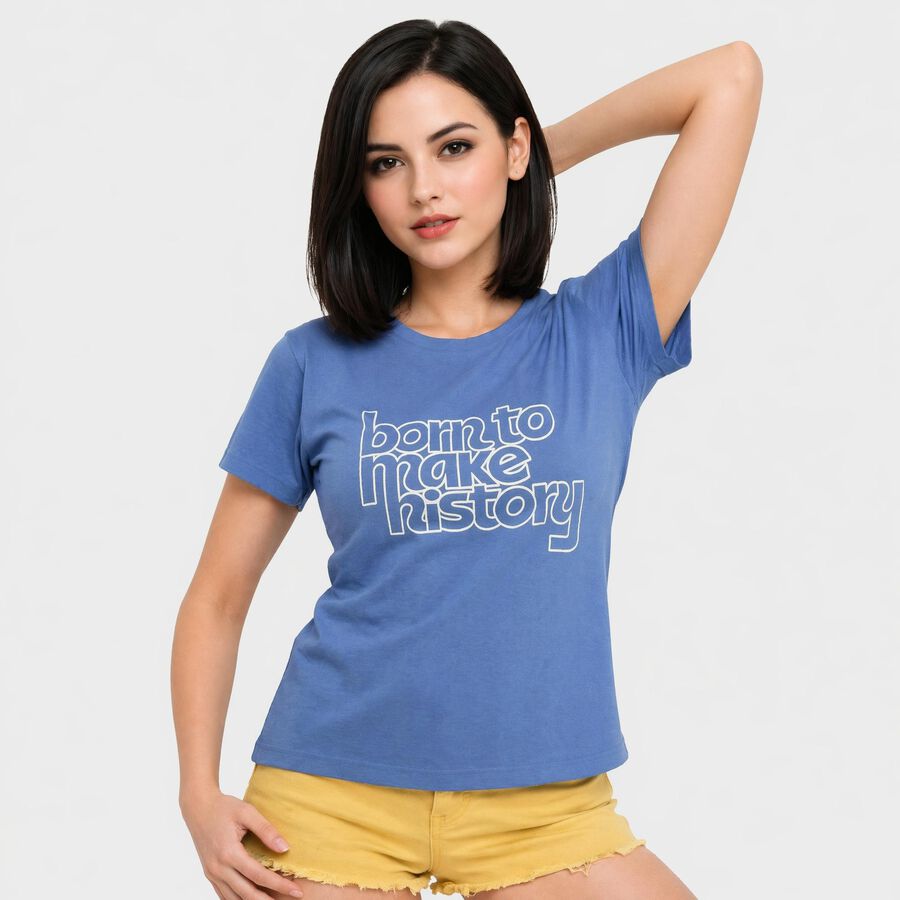 Women Blue Round Neck Regular T-Shirt, नीला, large