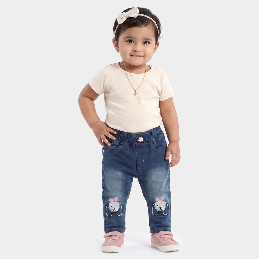 Infants Blue Straight Fit Embroidered Jeans, मध्यम नीला, large