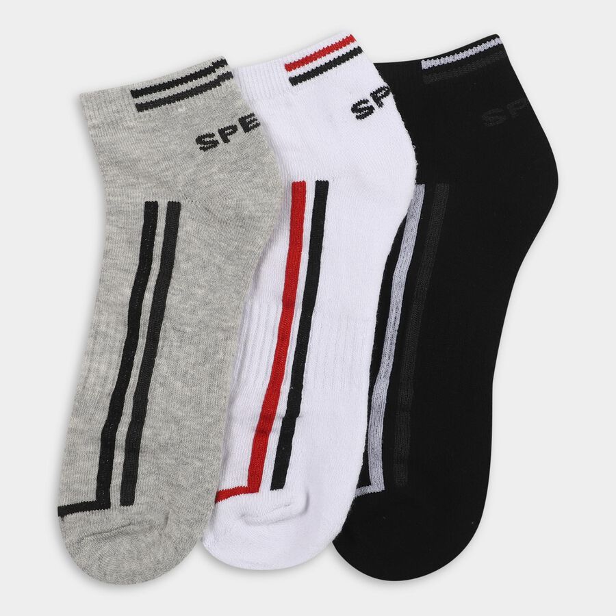 Men's Grey, White and Black Regular Fit Striped Ankle Socks Pack of 3, White, large