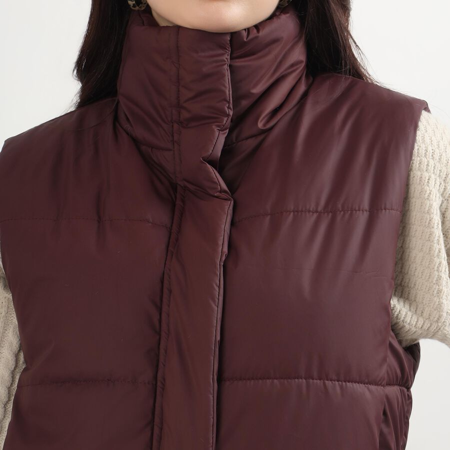 Women's Deep Maroon High Neck Sleeveless Puffer Jacket, Wine, large image number null