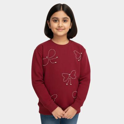 Girls Deep Burgundy Crew Neck Casual Sweatshirt