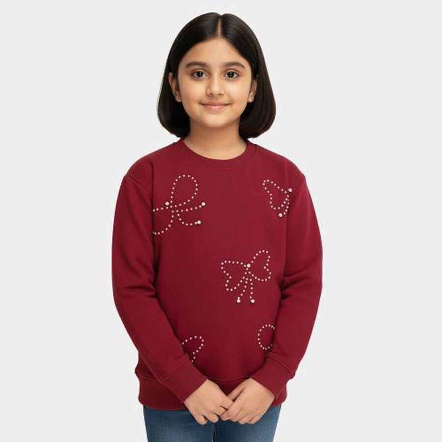 Girls Deep Burgundy Crew Neck Casual Sweatshirt, वाइन, large image number null