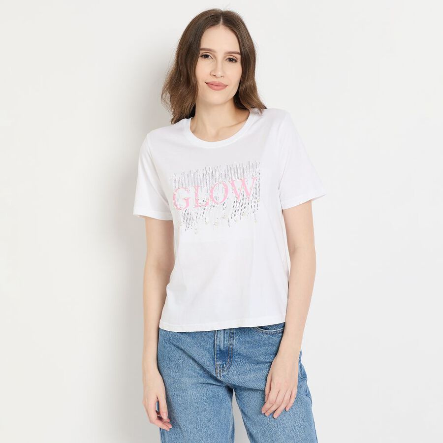 Ladies' Cotton Round Neck T-Shirt, सफ़ेद, large image number null