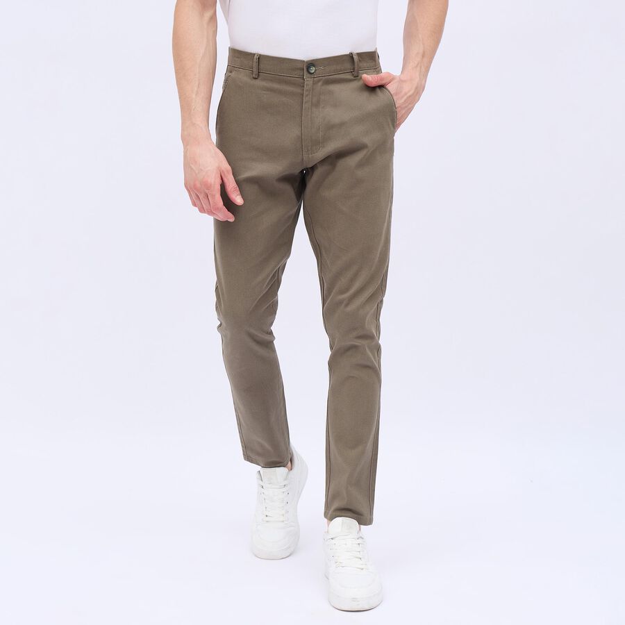 Men's Olive Green Slim Fit Printed Casual Trousers, Olive, large image number null