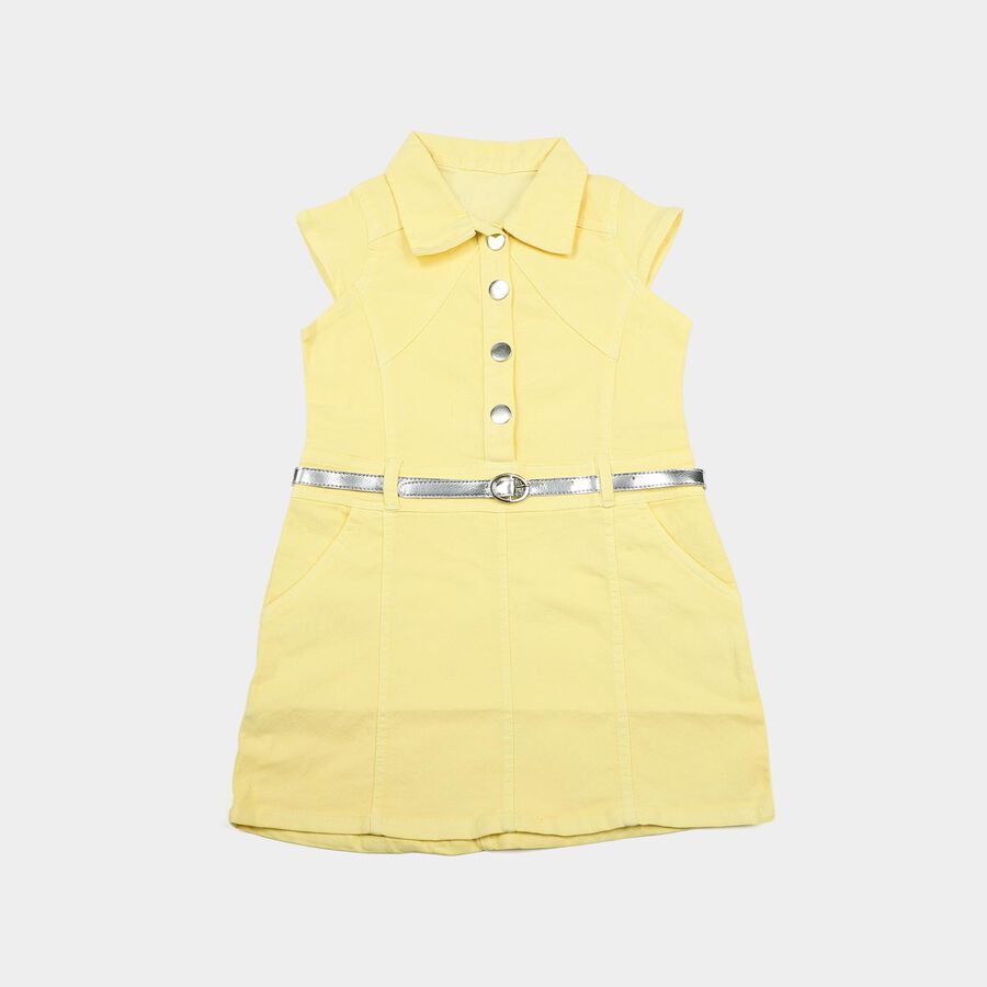 Girls' Yellow Shift Belted Shirt Collar Frock, Yellow, large