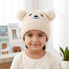 Girls' Cream Bear Embroidered Beanie Cap, Off White, small