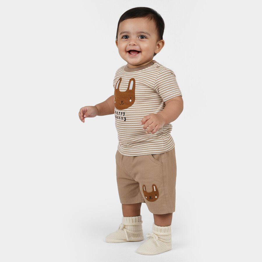 Infants' Beige Cotton Round Neck Bunny Applique Baba Suit, Beige, large