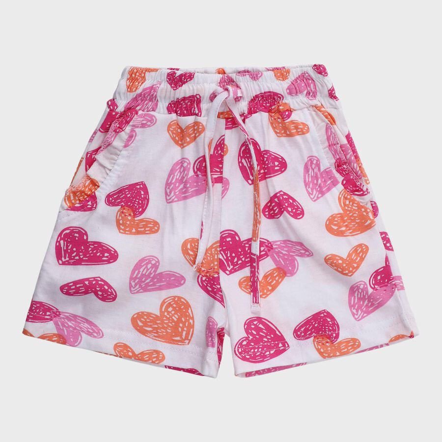 Girls' White Heart Print Elastic Waist Shorts, सफ़ेद, large