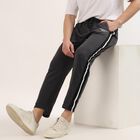 Men's Charcoal Grey Regular Fit Side-Striped Track Pants, Dark Grey, small