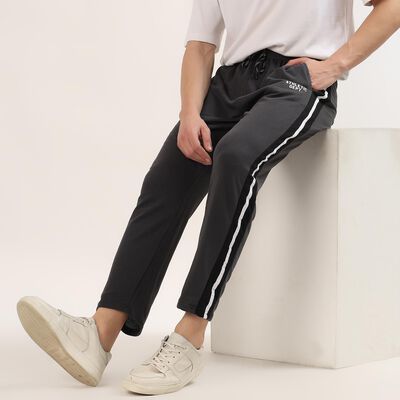 Men's Charcoal Grey Regular Fit Side-Striped Track Pants