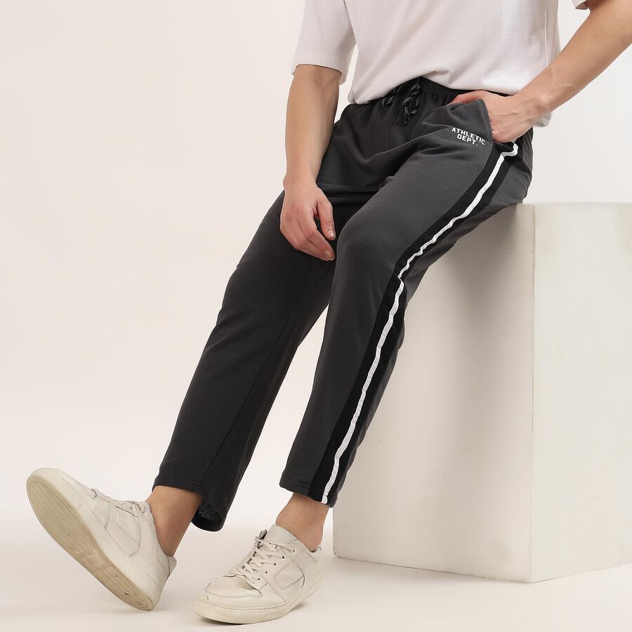 Men's Charcoal Grey Regular Fit Side-Striped Track Pants, Dark Grey, large