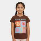 Girls' Rich Brown Cotton Round Neck Casual T-Shirt, भूरा, small