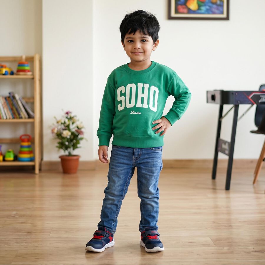 Boys' Green Crew Neck Pullover Sweatshirt, गहरा हरा, large