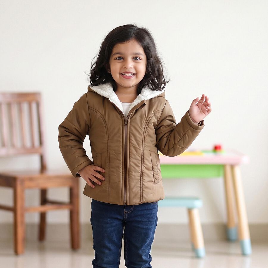 Girls Brown Hooded Puffer Jacket, Brown, large