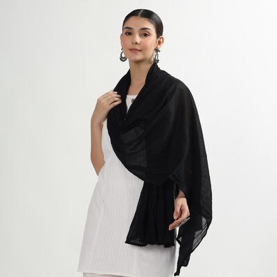 Women's Jet Black Cotton Blend Solid Dupatta