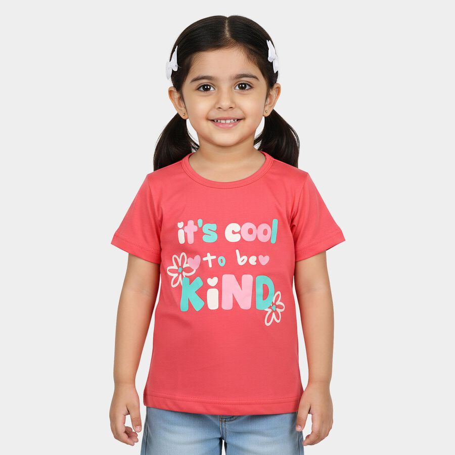 Girls Pink Round Neck Casual T-Shirt, Pink, large
